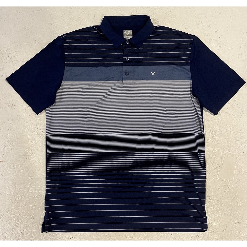Callaway Golf Polo Mens L Navy Blue Striped Opti-Dri Performance Shirt Stretch